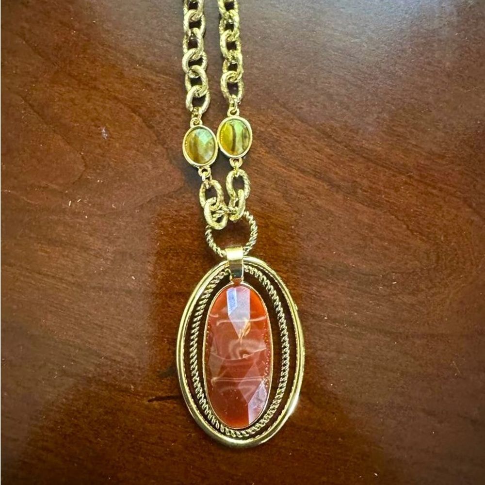 Dana Buchman red stone long gold tone necklace with multi stones